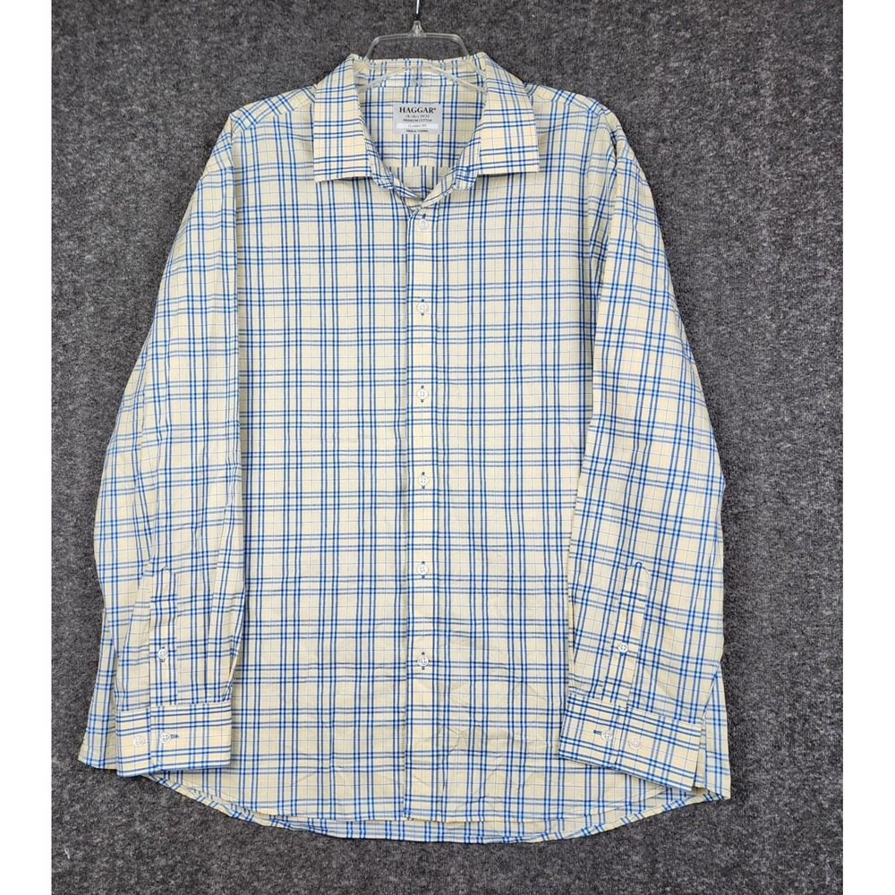 Haggar Button Down Shirt Mens 18 18.5 34/35 Blue Yellow Plaid Premium‎ Cotton
